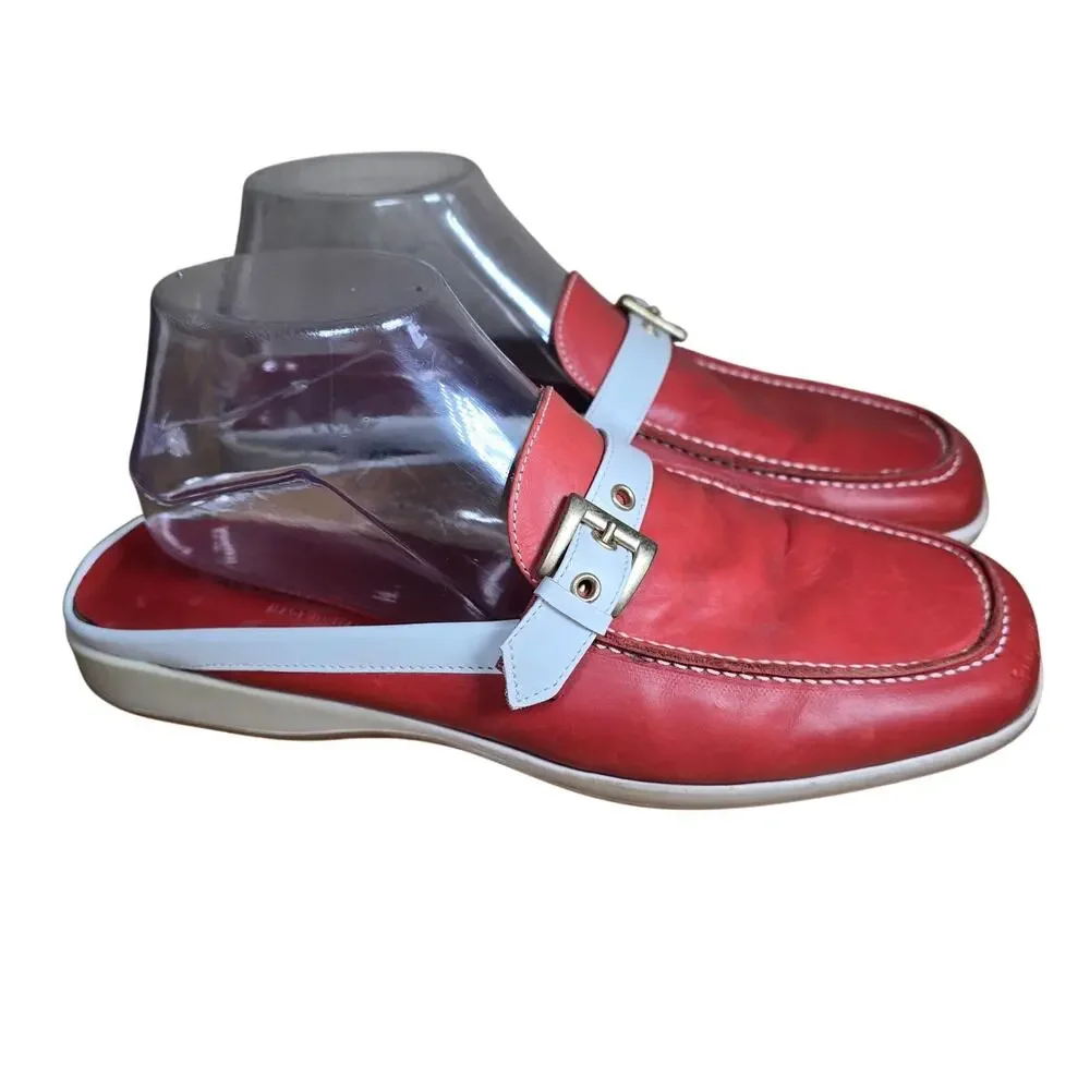 Adrienne Vittadini Mule Slide Slip On Leather Buckle 8.5 Orange White Preppy